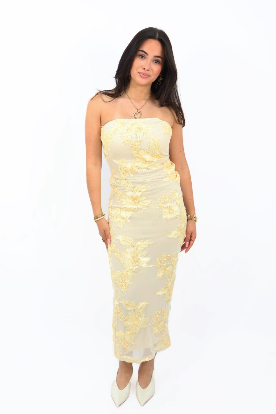 Flower strapless Dress - Yellow