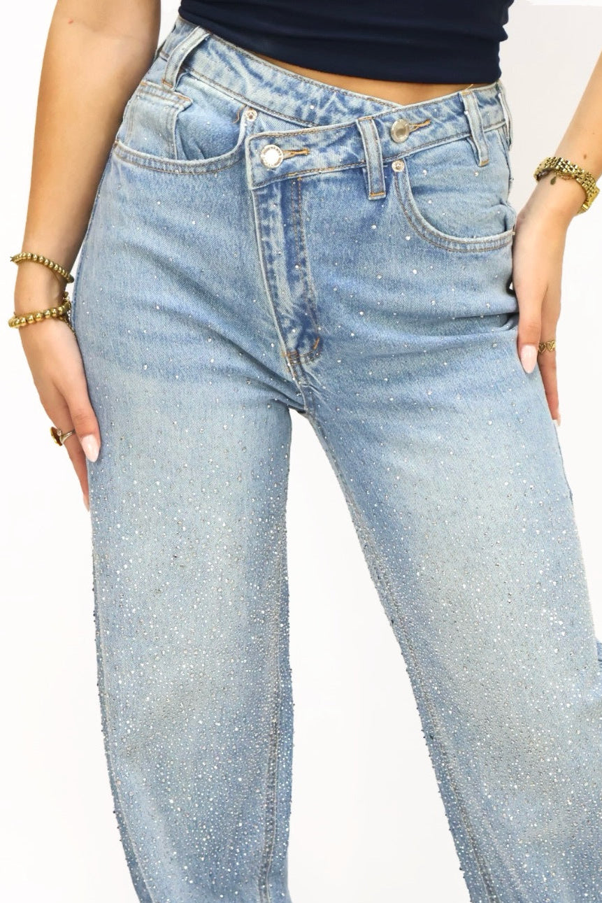 Double Button Rhinestones Jeans | A3732