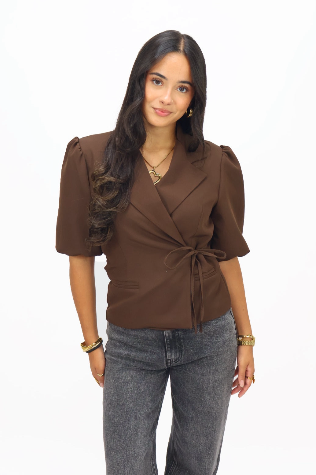 Anna Blazer Korte Mouw - Brown