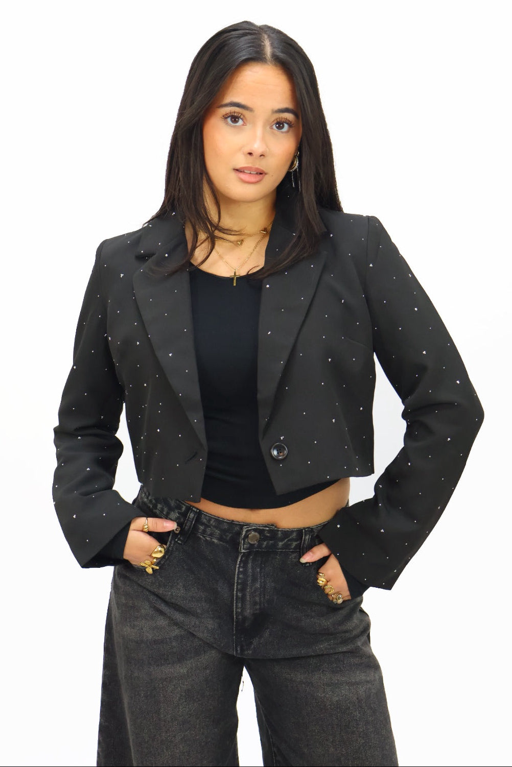 Rhinestone cropped blazer - Black