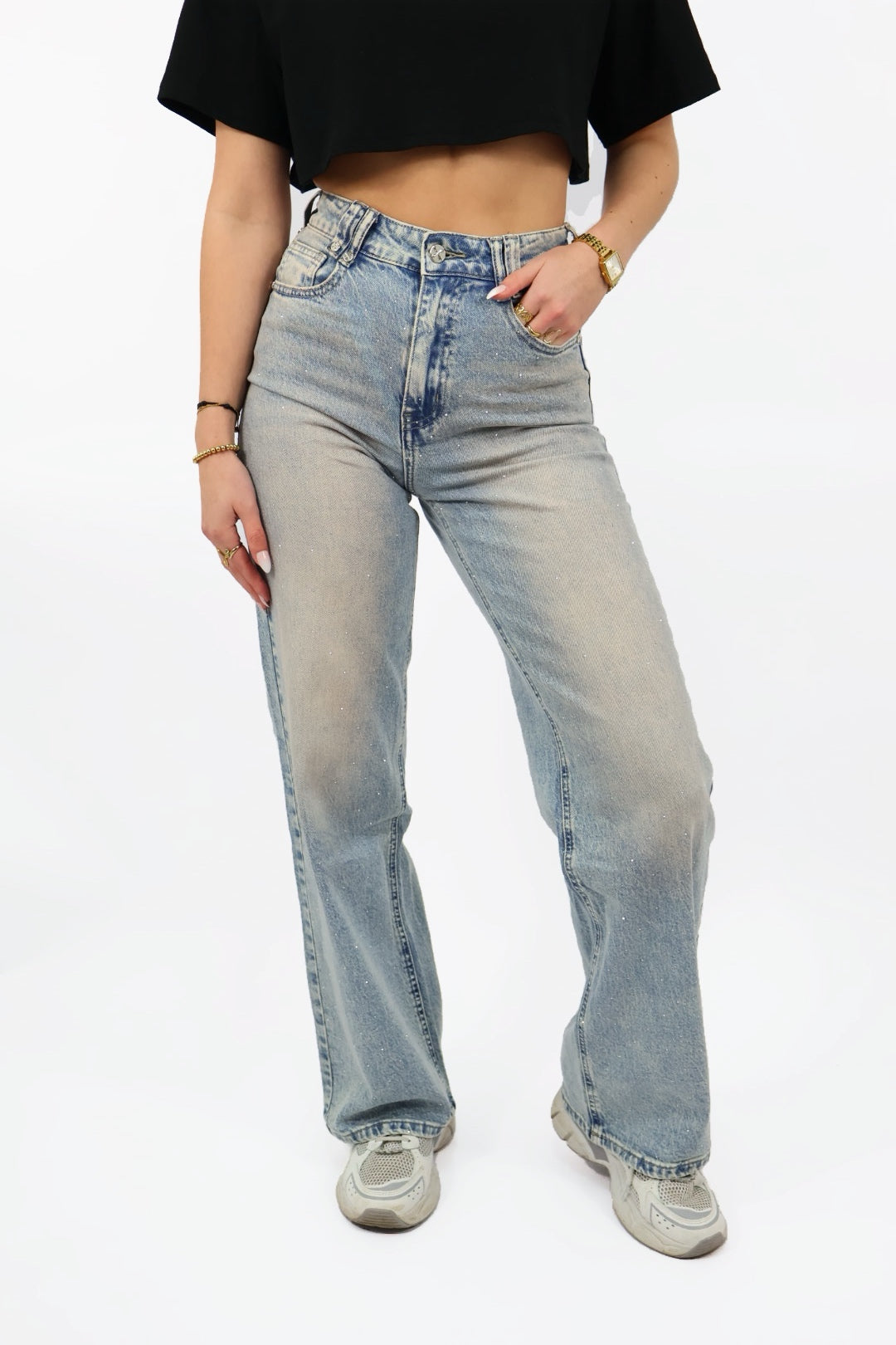 Dirty Wash Rhinestones Jeans - W3763