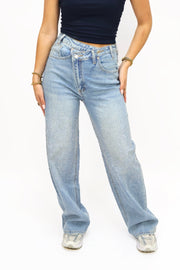 Double Button Rhinestones Jeans | A3732