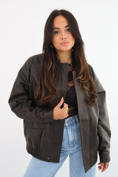 Leather Look Jacket  - Brown