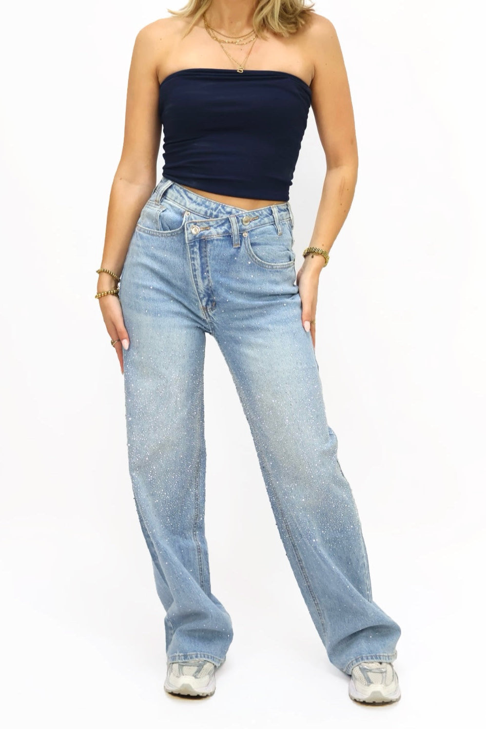 Double Button Rhinestones Jeans | A3732