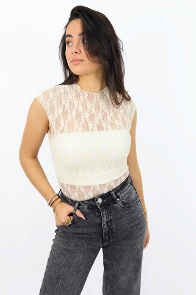 Kanten Top Mouwloos - Creme | 15415