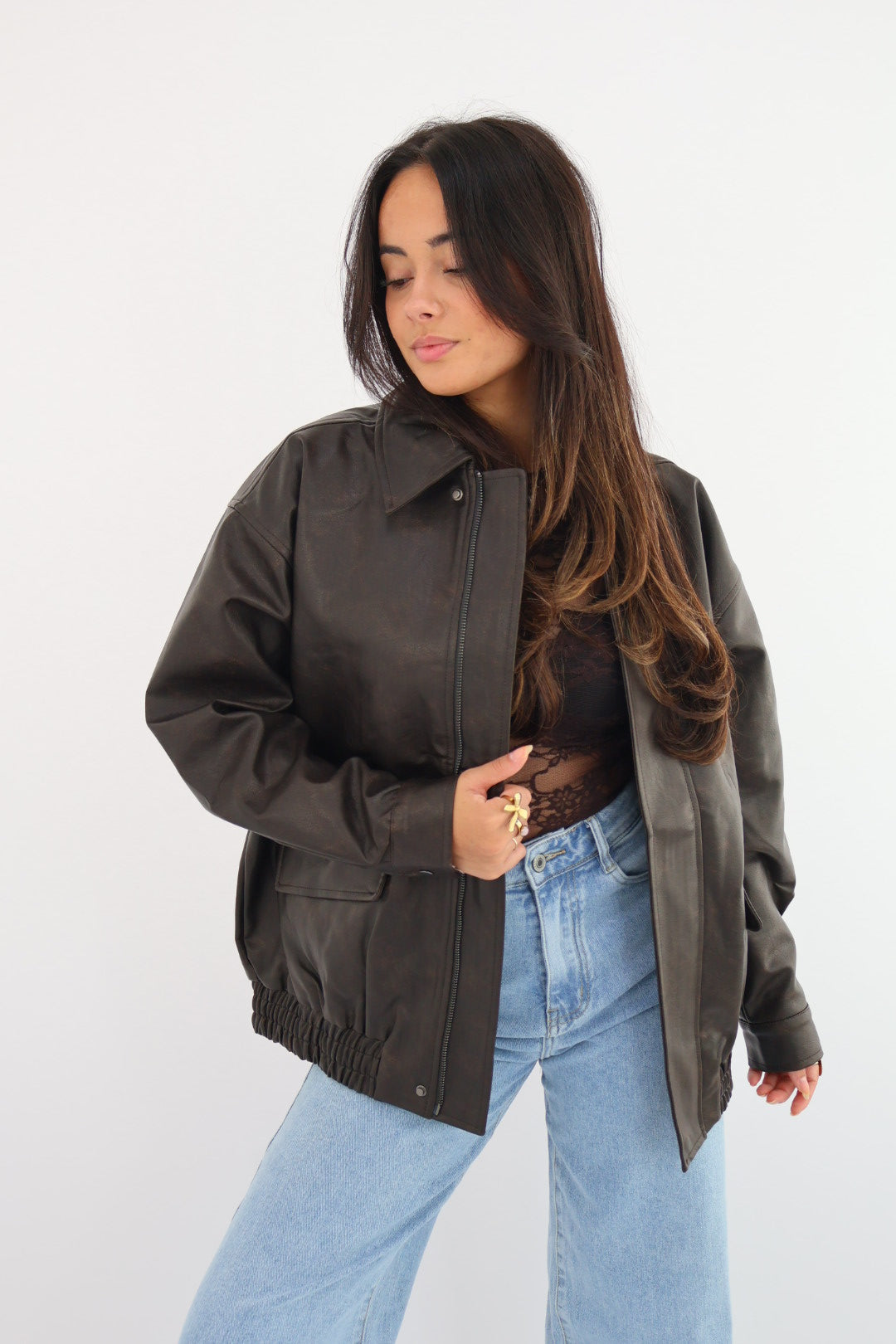 Leather Look Jacket  - Brown