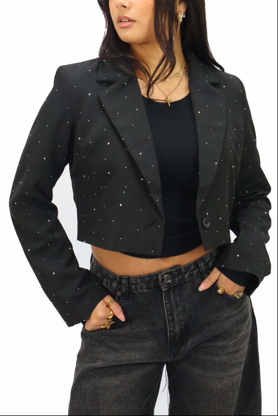 Rhinestone cropped blazer - Black